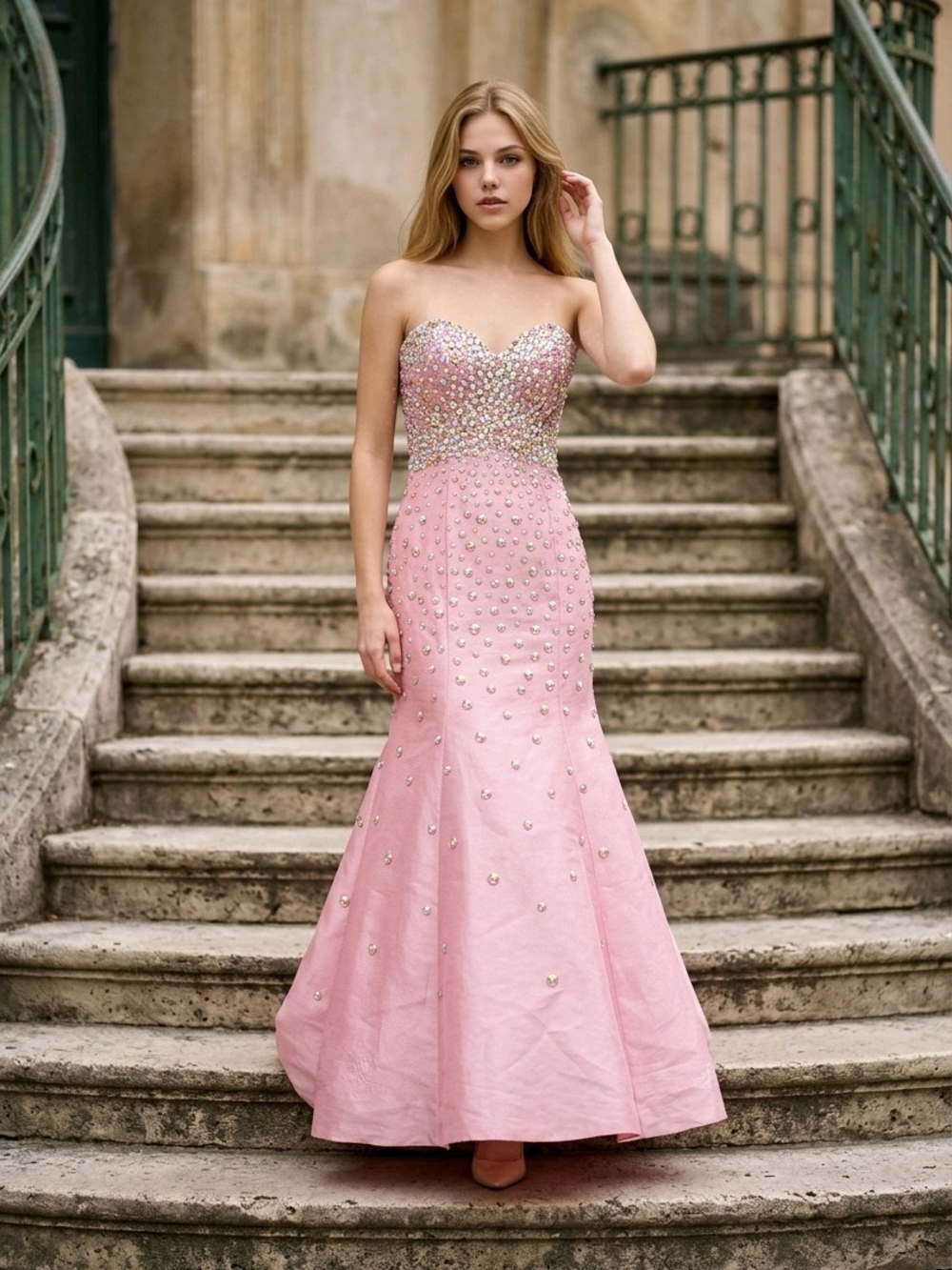 Strapless Pink Beaded Sweetheart Evening Gown